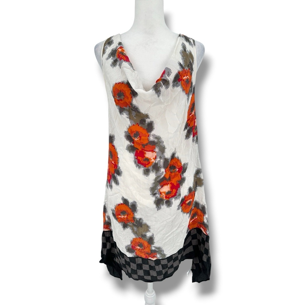 Language 100% Silk Cowl Neck Tunic Top L Abstract Floral Artsy Boho‎ Mini Dress